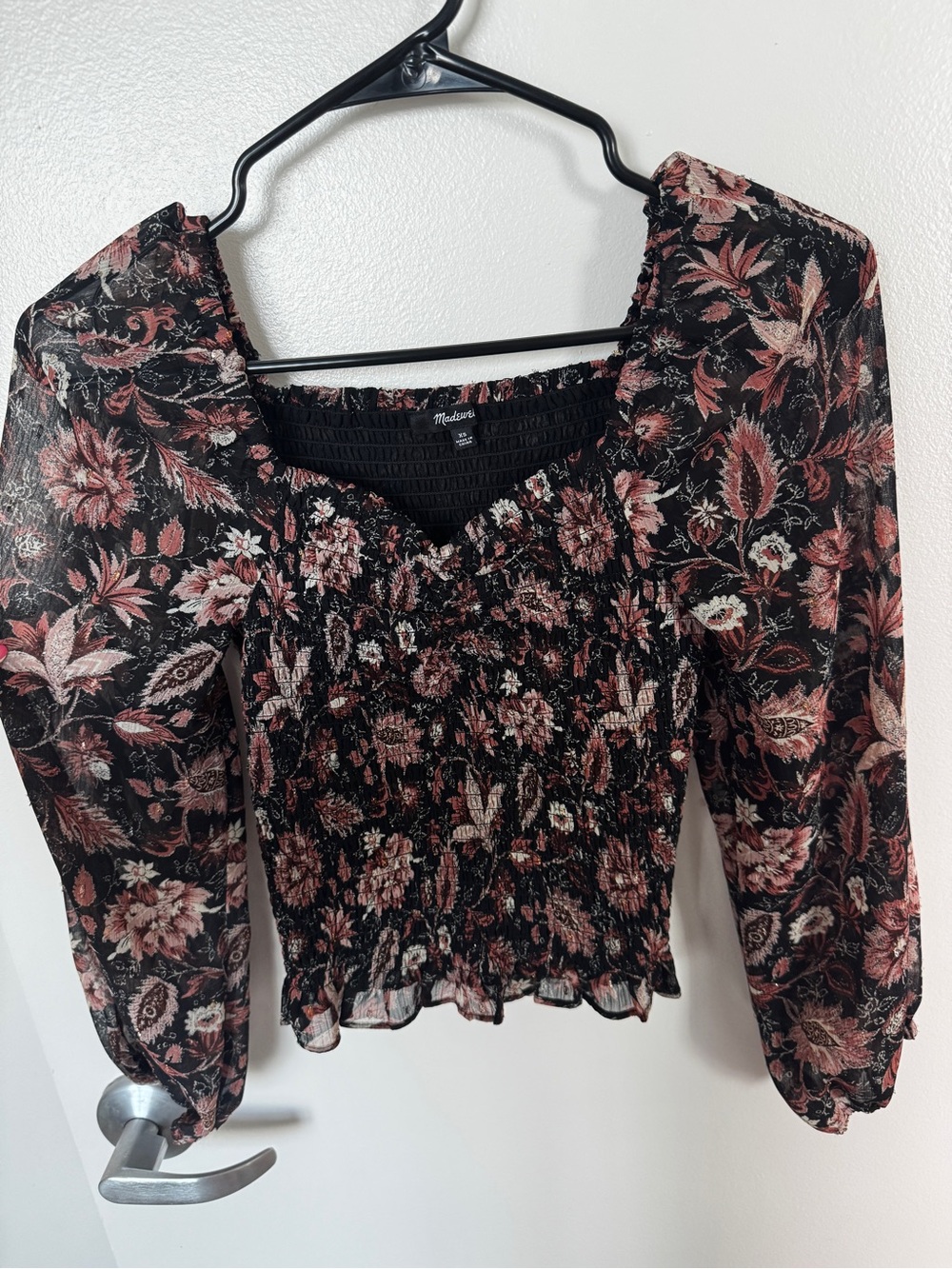 Madewell Black Sheer Floral Smocked Shimmery Long-Sleeve Blouse
